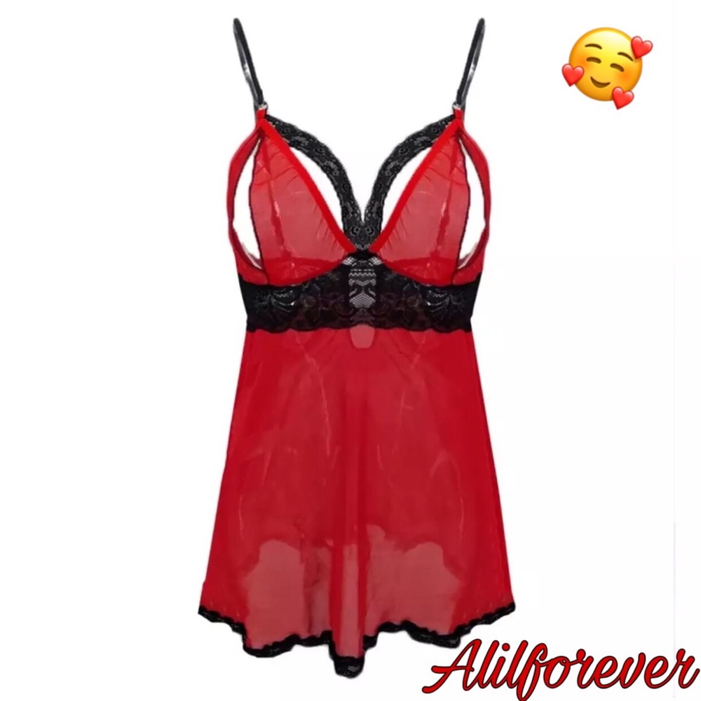 🥰 Red & Black Babydoll Lingerie 2X - Picture 2 of 6